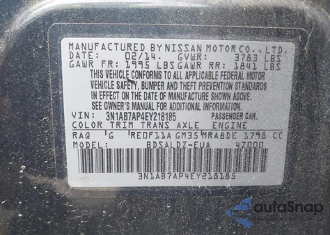 2014 Nissan Sentra S/Fe+ S/Sv/Fe+ Sv/Sr/Sl from USA, damaged, VIN 3N1AB7AP4EY218185